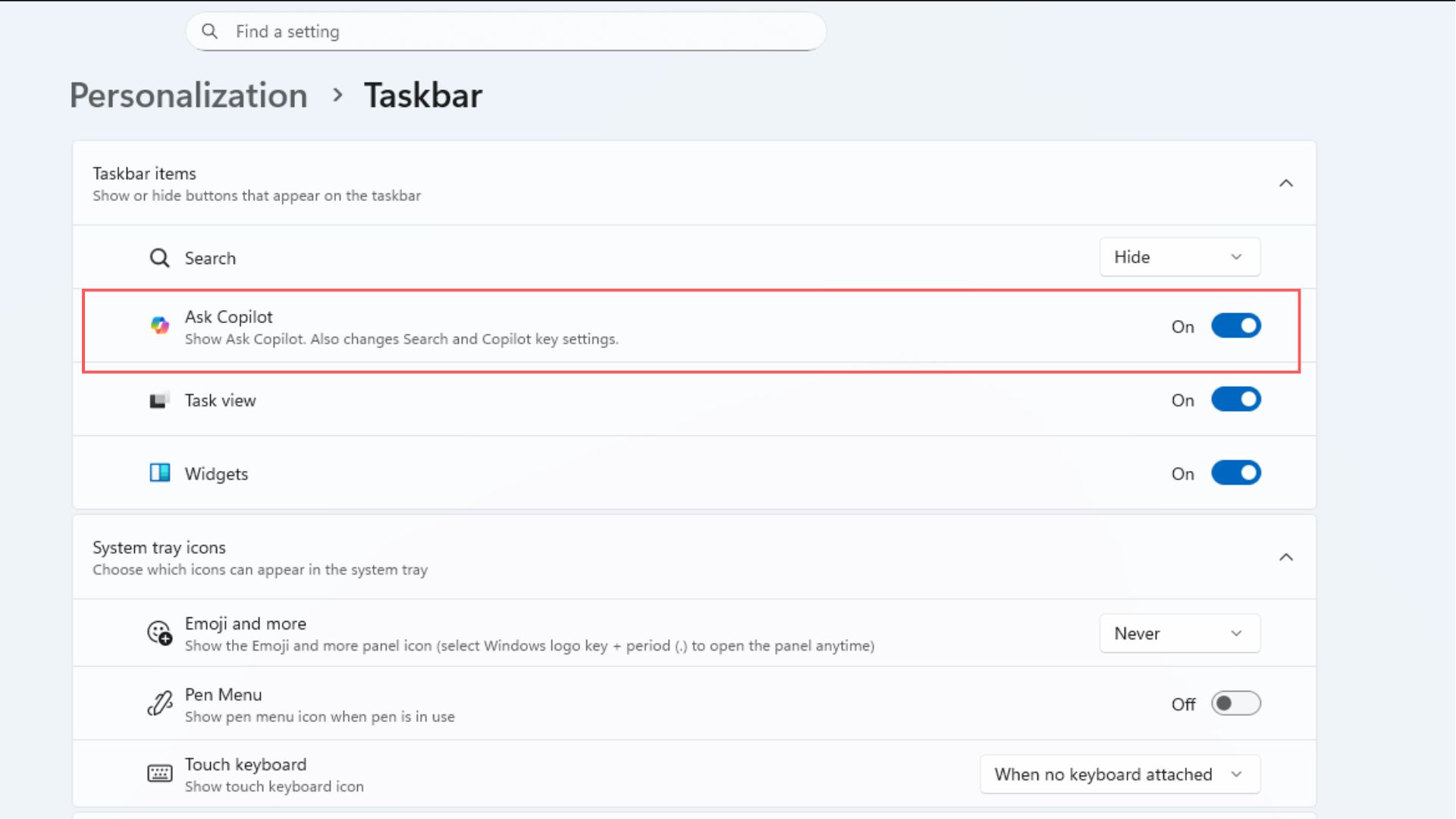 Ask Copilot toggle in the Personalization settings