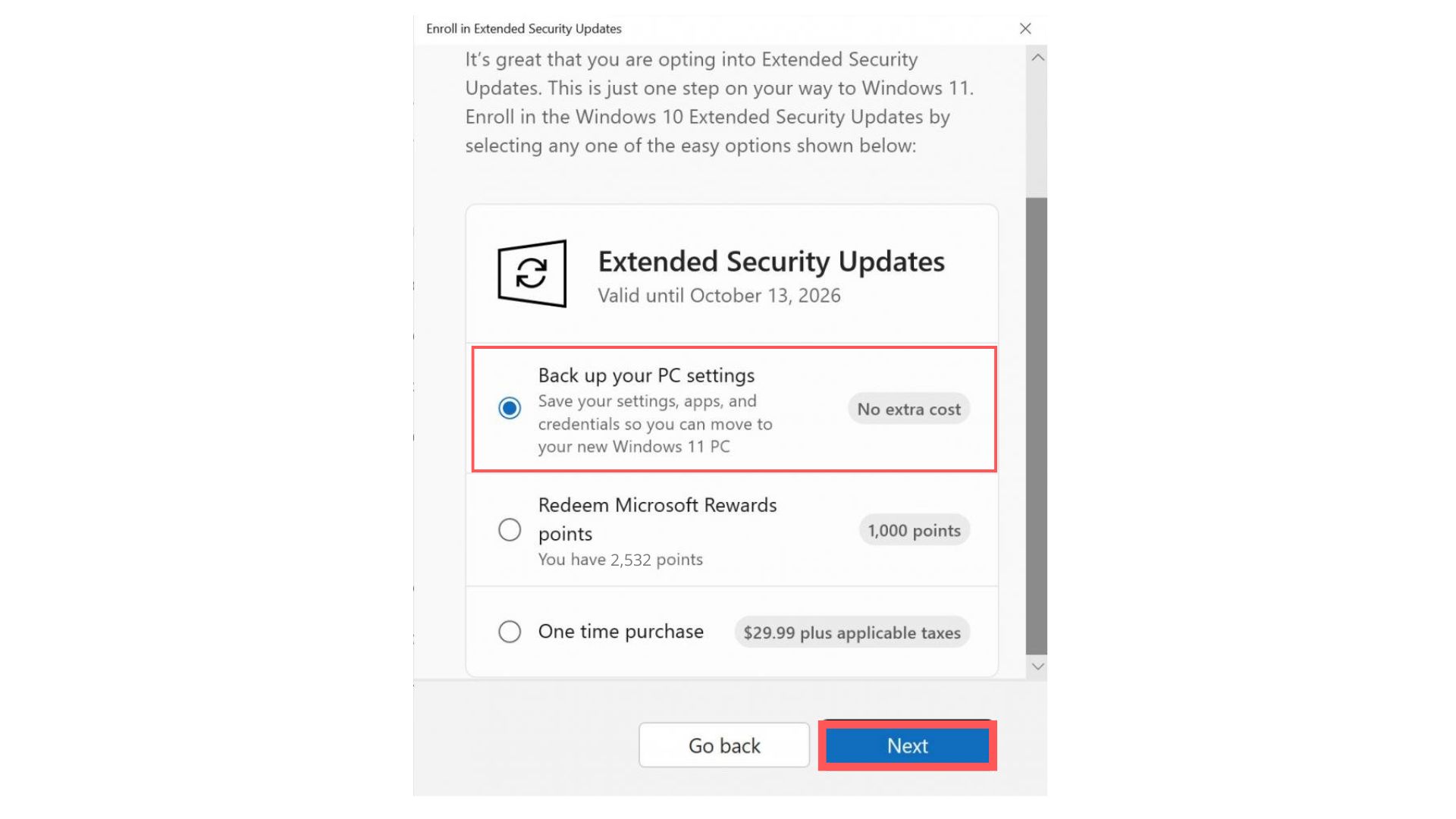 Back up your PC Settings to register for Windows 10 ESU