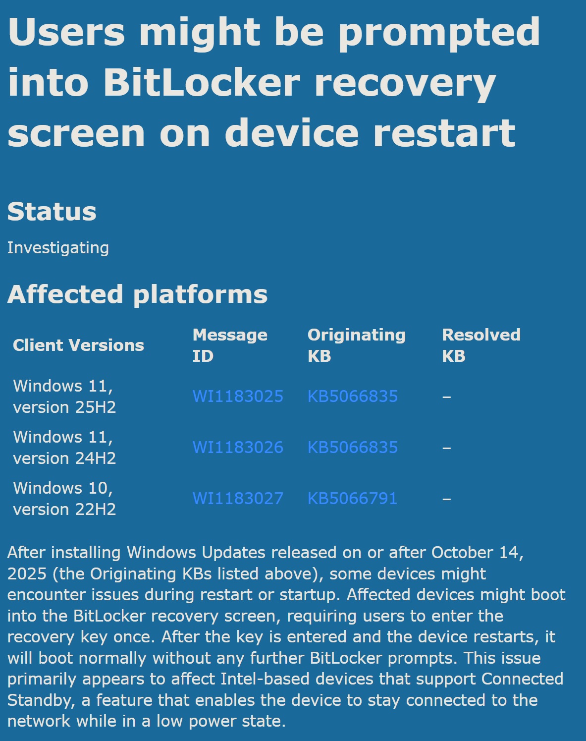 Bitlocker issue in October 2025 Update
