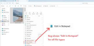 Bug shows Edit in Notepad for all file types in the Context Menu