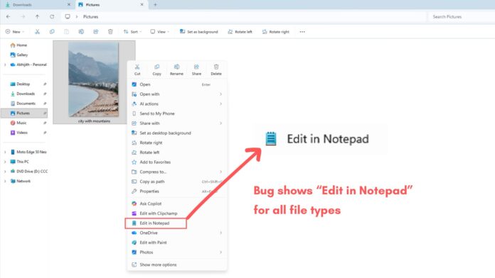 Bug shows Edit in Notepad for all file types in the Context Menu Bug shows Edit in Notepad for all file types in the Context Menu