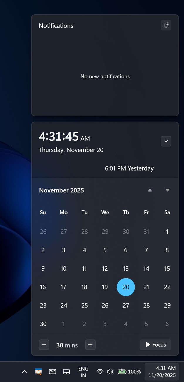 Calendar in Windows 11