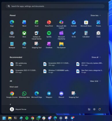 Grid view in Windows 11 Start menu