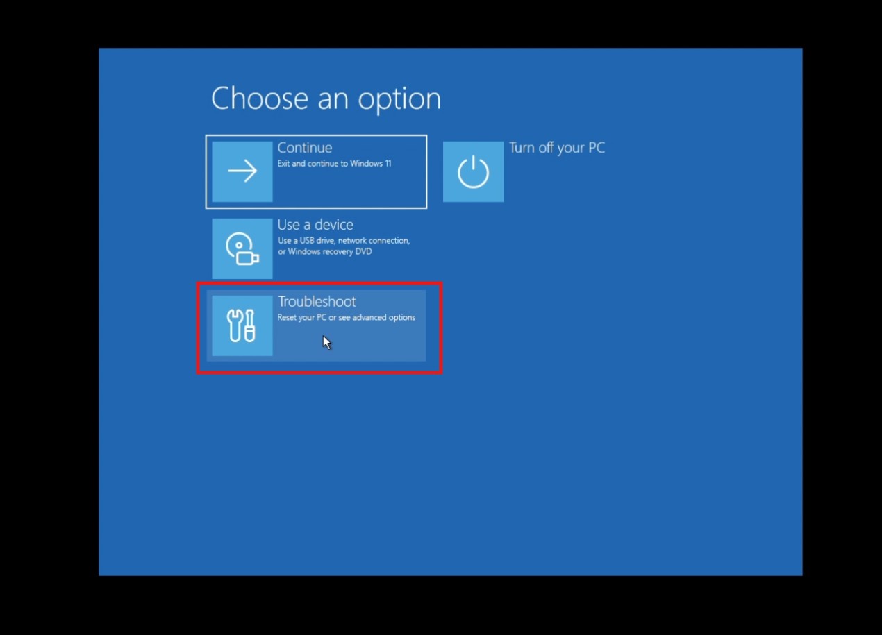 Choose Troubleshoot in WinRE