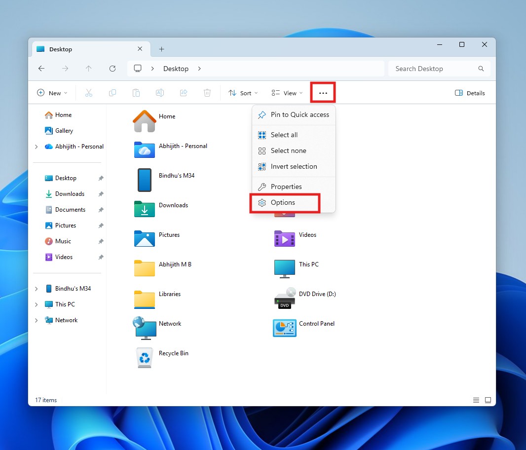Click on Options from the File Explorer's three dotted menu