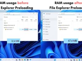 Comparing File Explorer RAM usage before and after Preloading