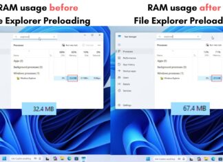 Comparing File Explorer RAM usage before and after Preloading