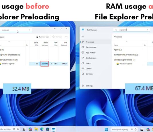 Comparing File Explorer RAM usage before and after Preloading