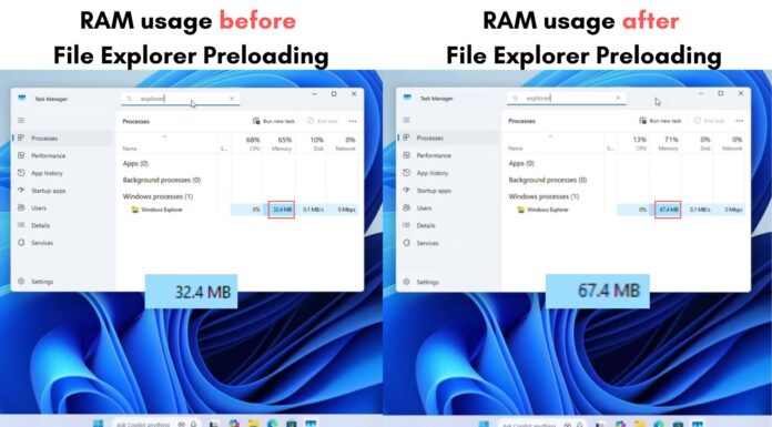 Comparing File Explorer RAM usage before and after Preloading