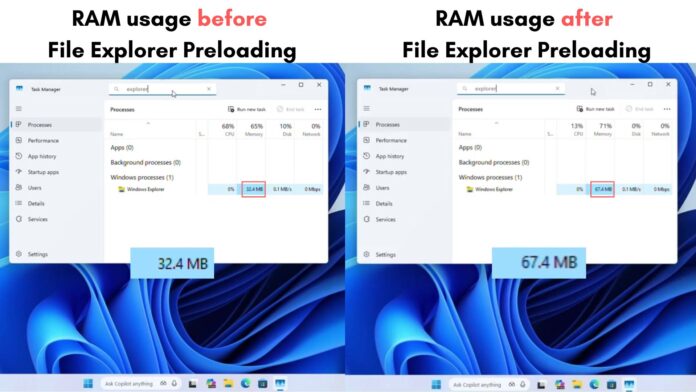 Comparing File Explorer RAM usage before and after Preloading
