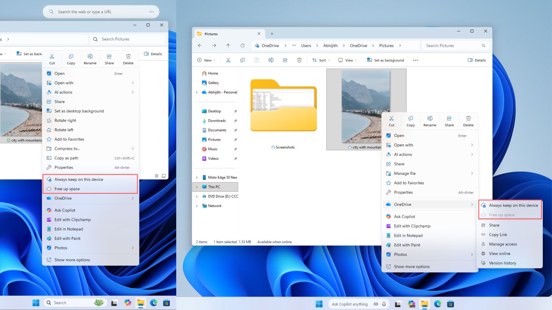 Context Menu changes for files synced with OneDrive
