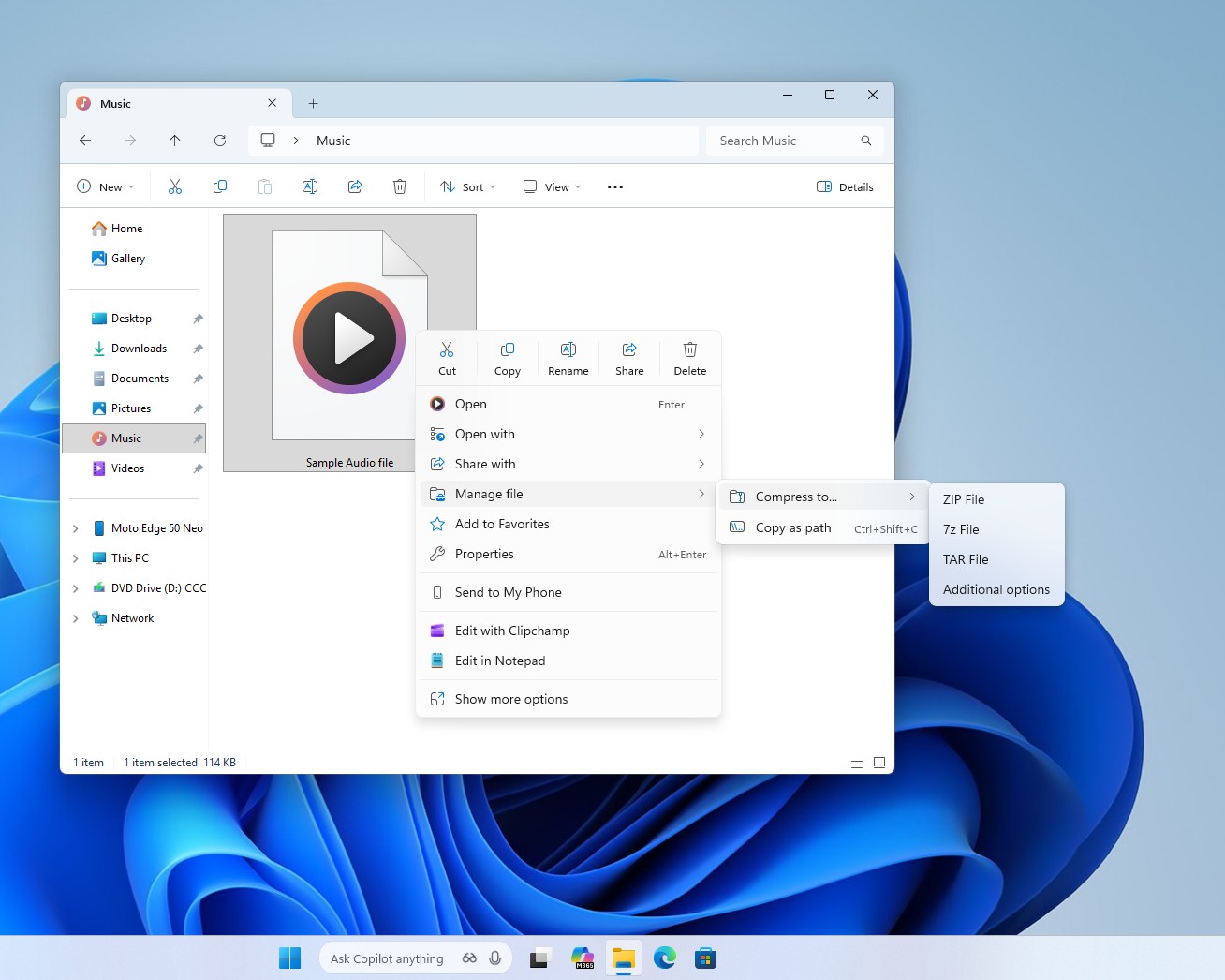 Context menu in File Explorer showing the different compression options under Manage file