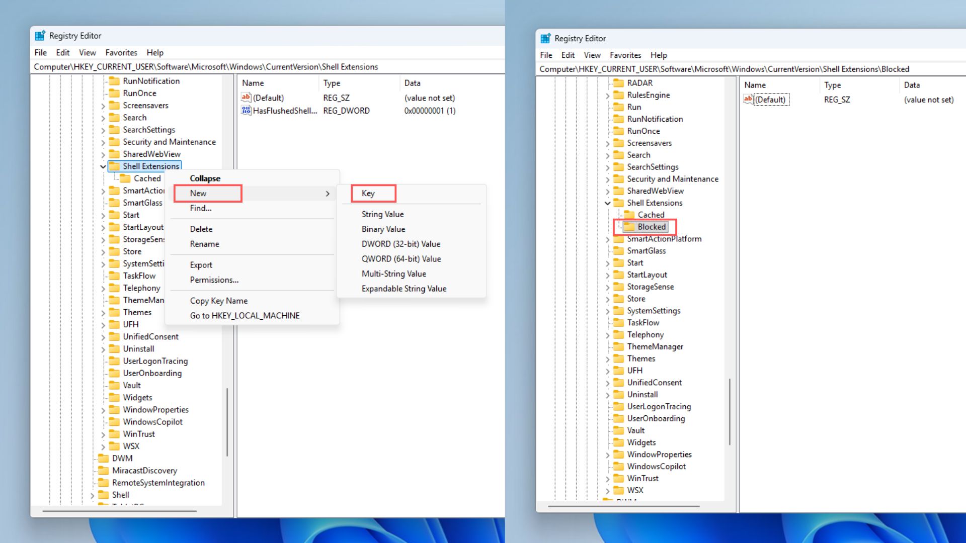 Create a new Key under Shell Extensions and name it Blocked