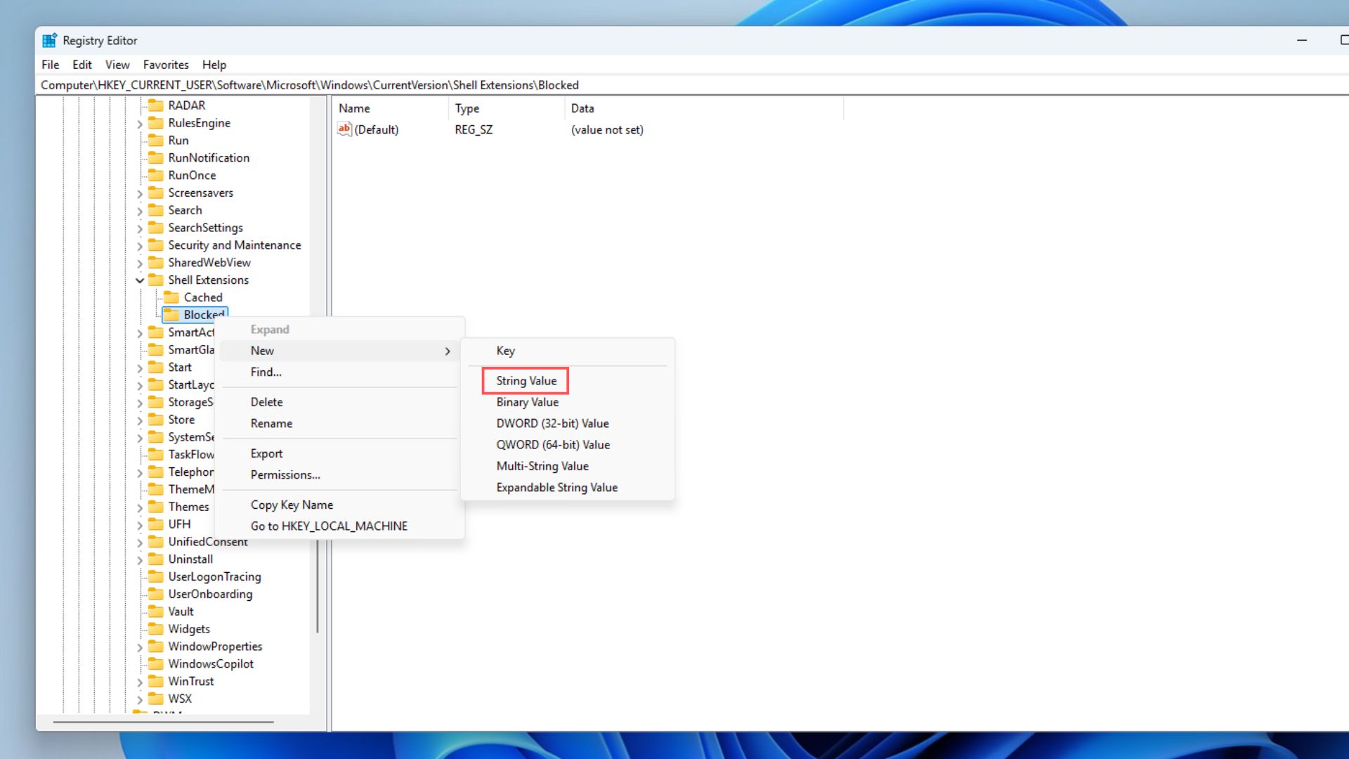 Creating a String Value under Blocked in Shell Extensions