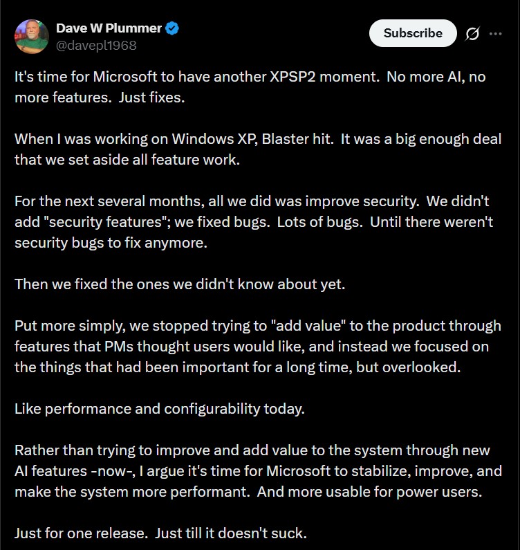 Dave Plummer's X post on what Microsoft should do with Windows 11