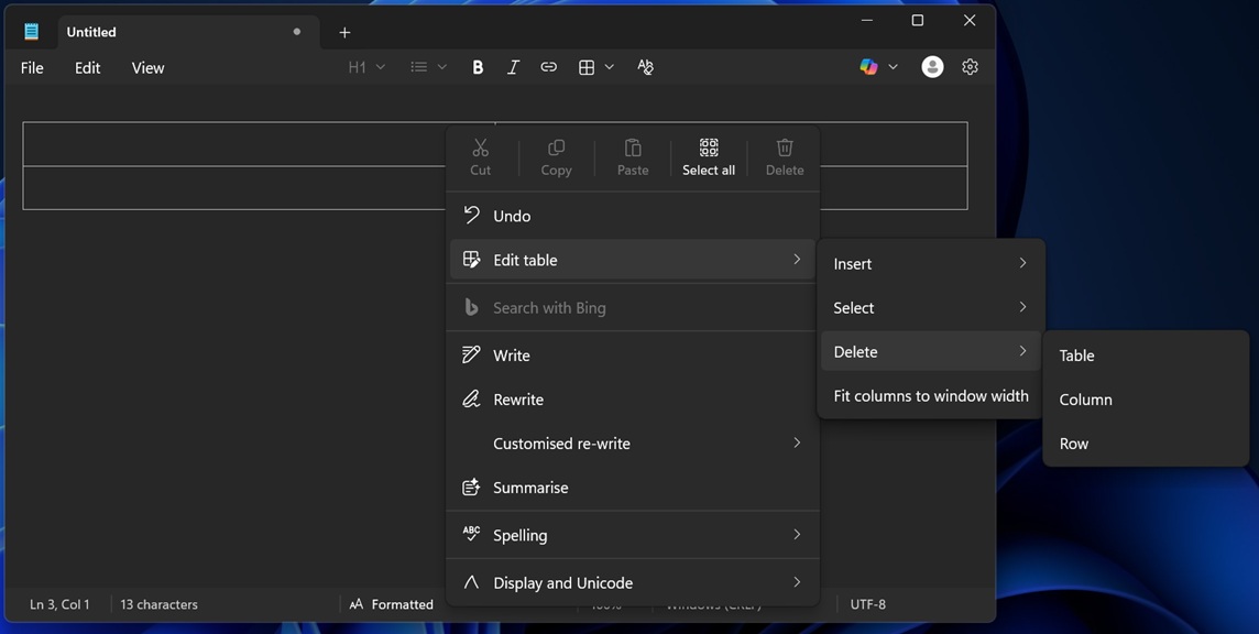 Delete table in Notepad