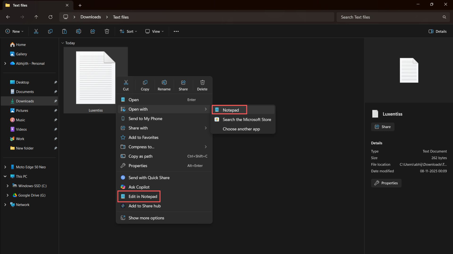 Edit in Notepad option showing in a text file despite Notepad option already showing in the Open with option