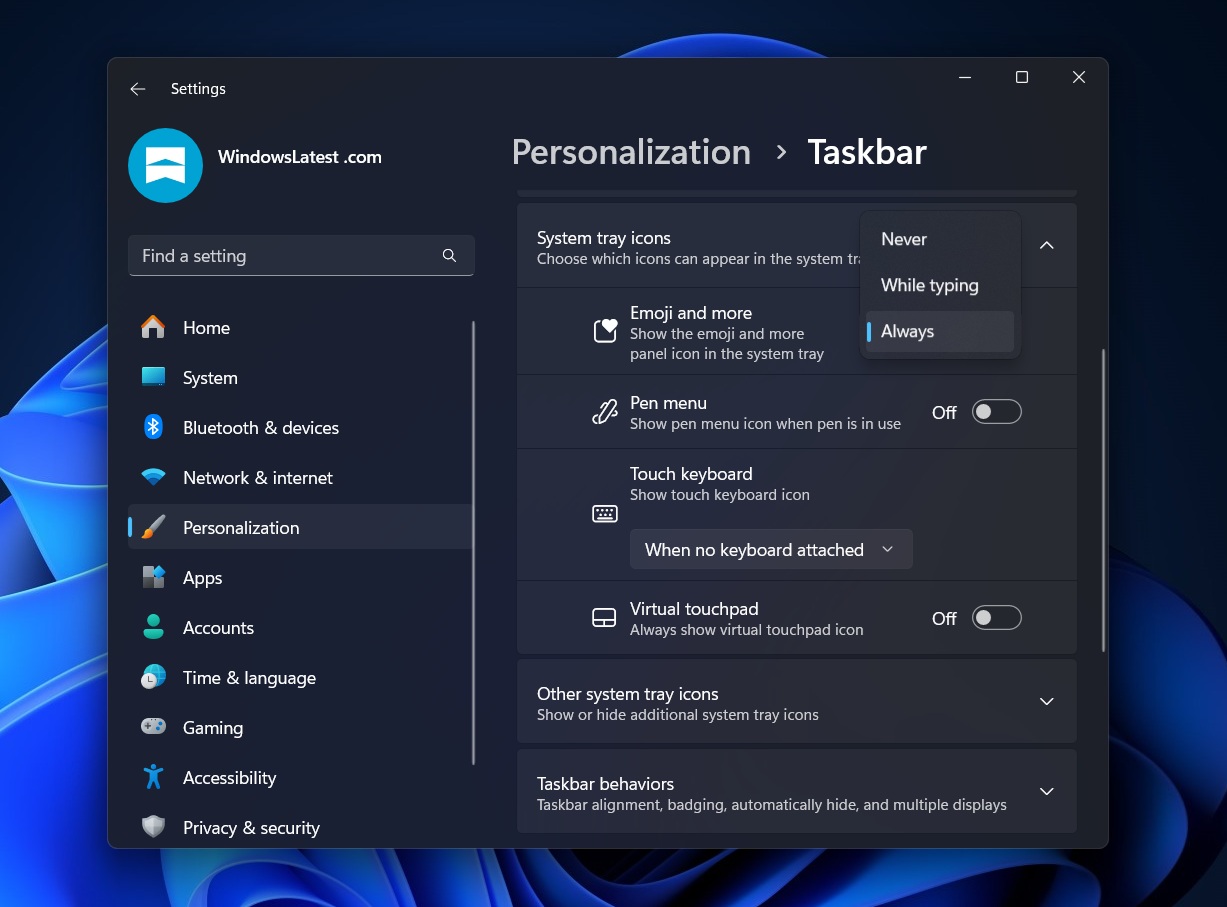 Emoji and more button on the taskbar