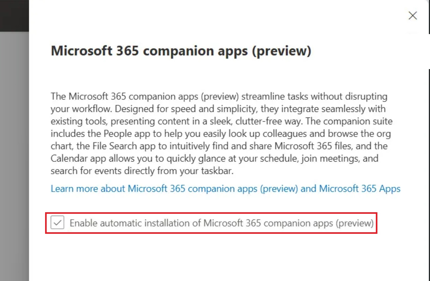 Enable automatic installation of Microsoft 365 companion apps