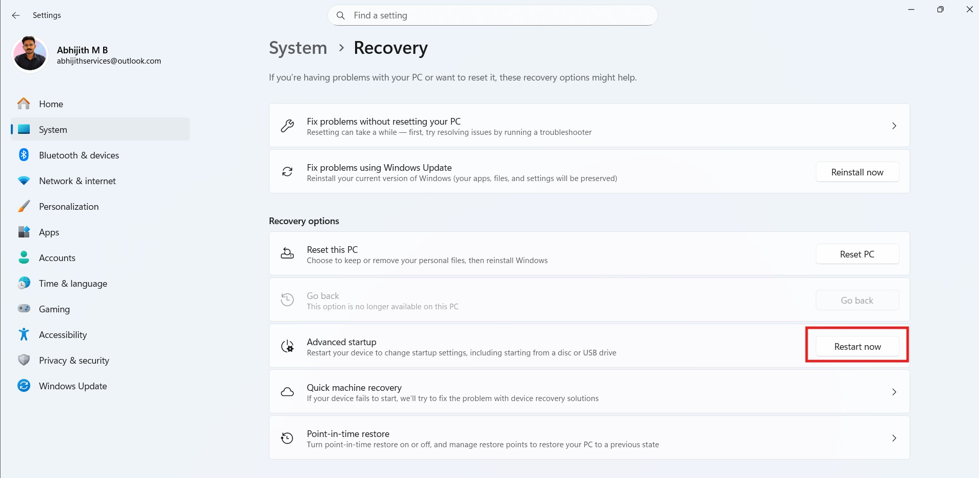 Enter WinRE from Advanced Startup