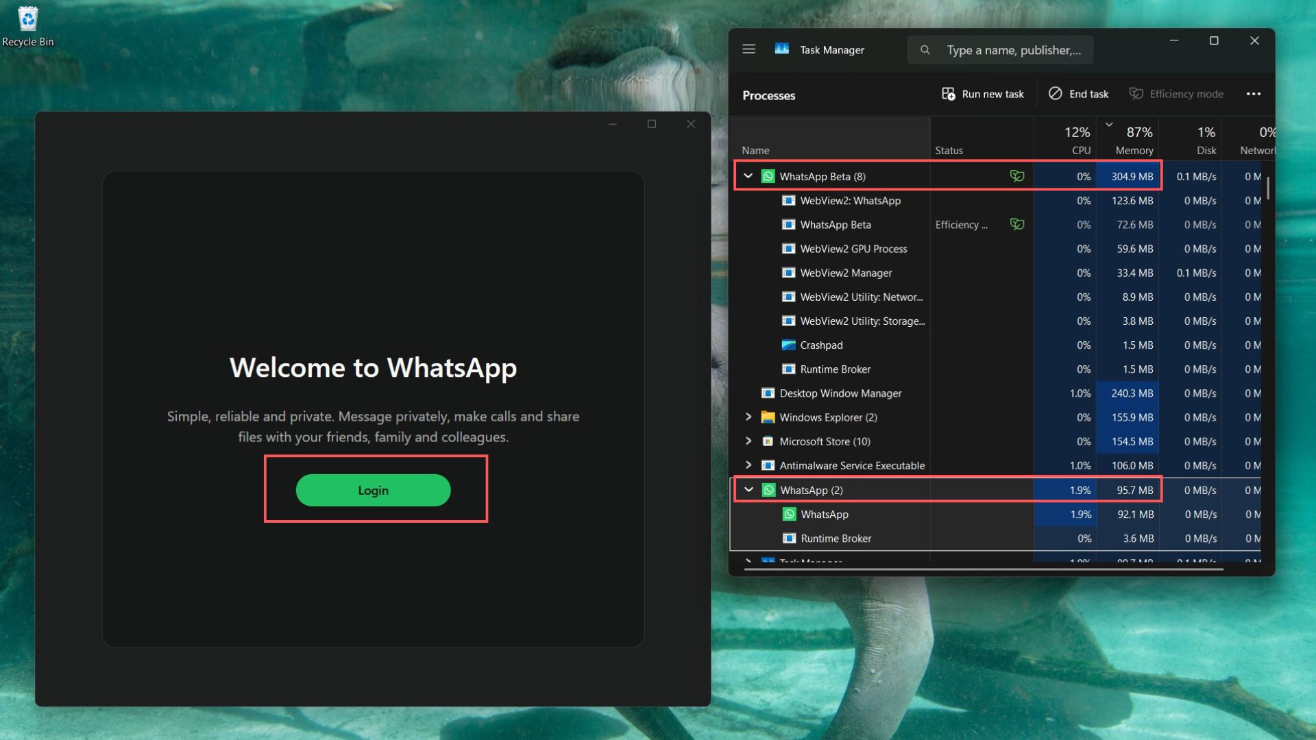 Even before logging in, WhatsApp Beta web app uses 3X more RAM than WhatsApp UWP which is already logged in