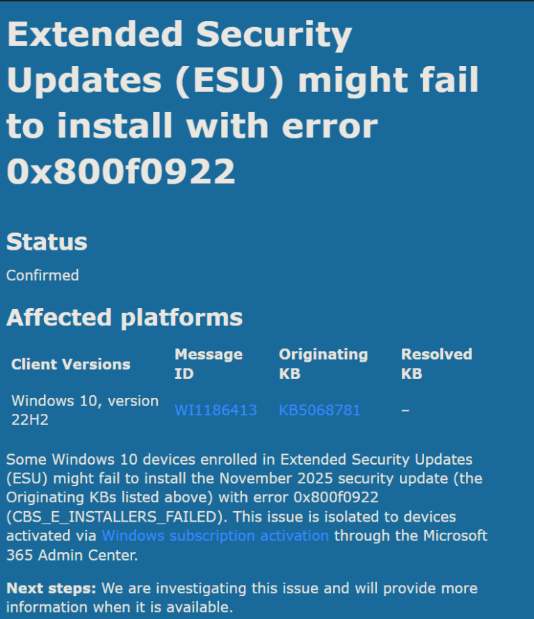 Updates Due Windows 10 KB5072653 emergency update fixes ESU failure, 0x800f0922 ...