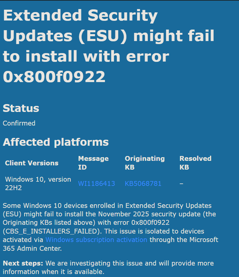 Extended Security Updates (ESU) might fail to install with error 0x800f0922