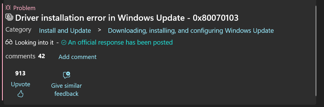 Feedback Hub report showing Windows Update error complaints