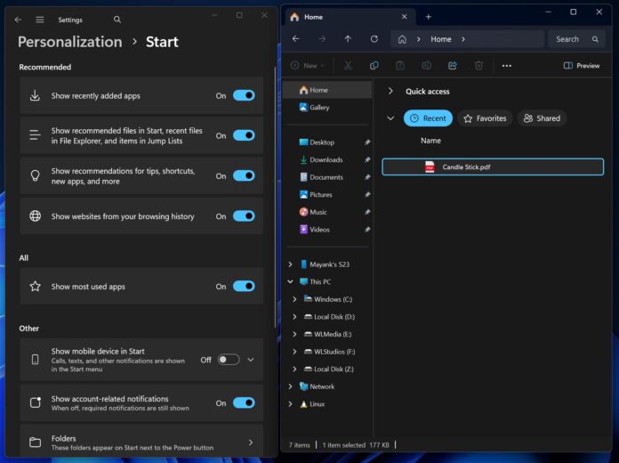 Windows 11 Start menu's hide Recommended toggle also disables Recent ...