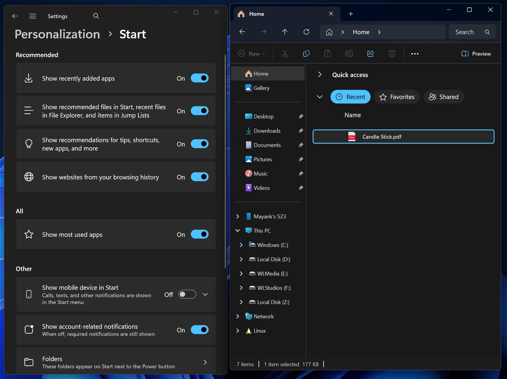 File Explorer recent files is controlled by Start menu recommended feed