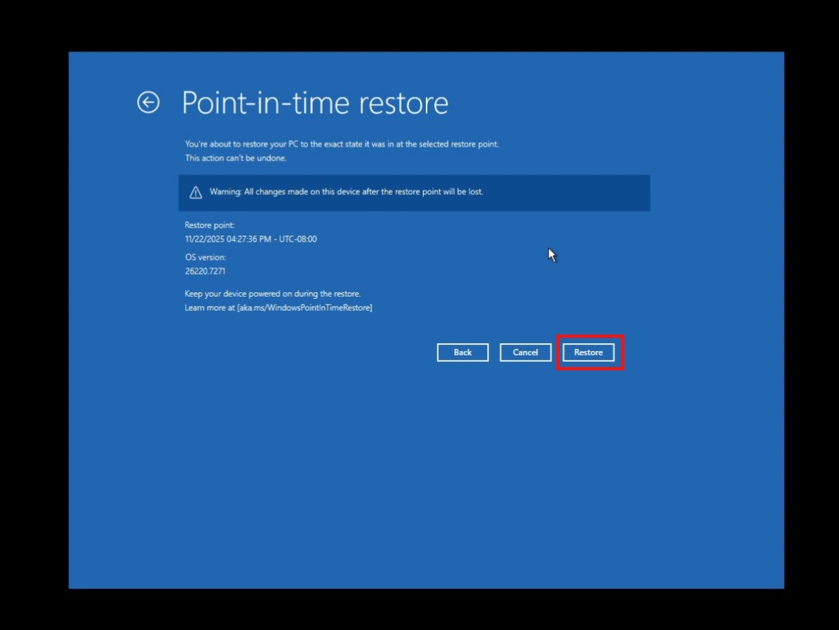 Final warning from Microsoft, click Restore