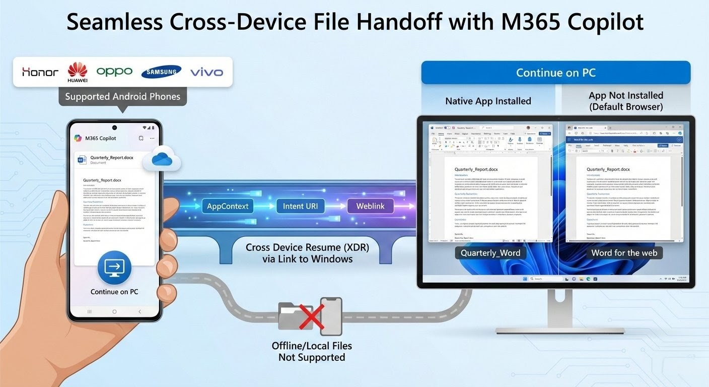 General illustration of the working of cross device file handoff with M365 Copilot