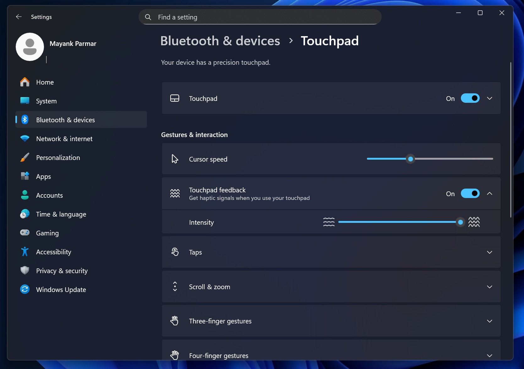 Haptic touchpad settings in Windows 11