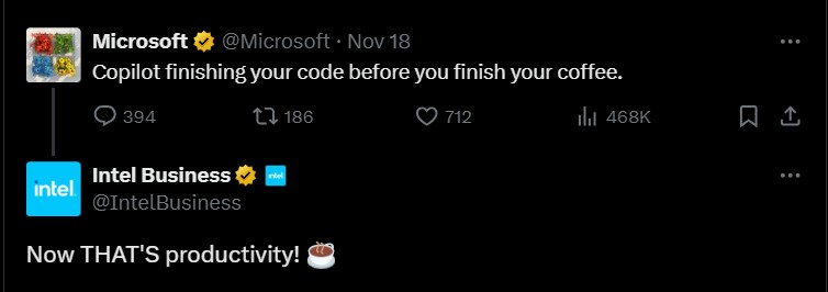 Intel Business page replying to Copilot post about it being faster than humans in Coding