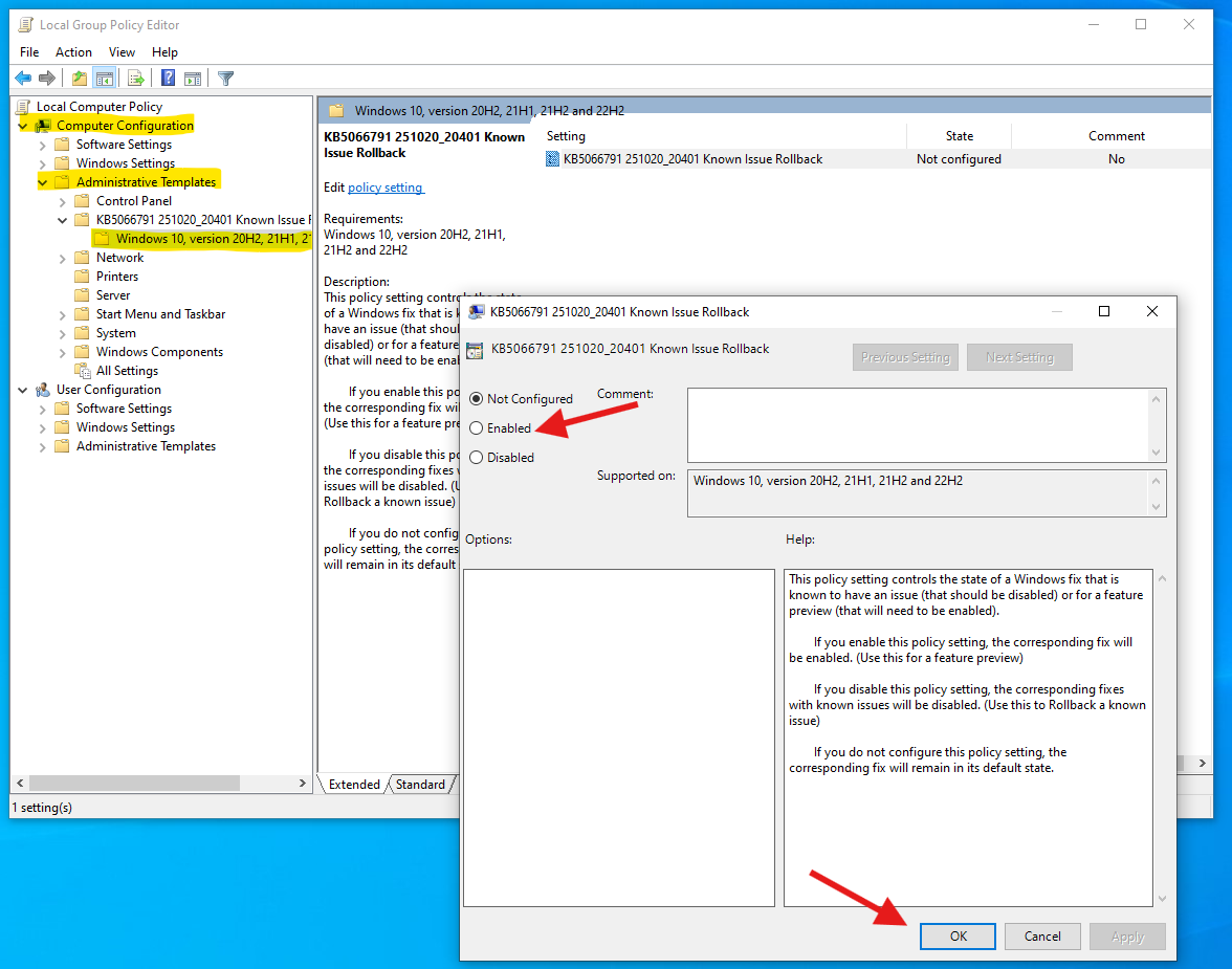Known Issue Rollback Policy in Windows 10