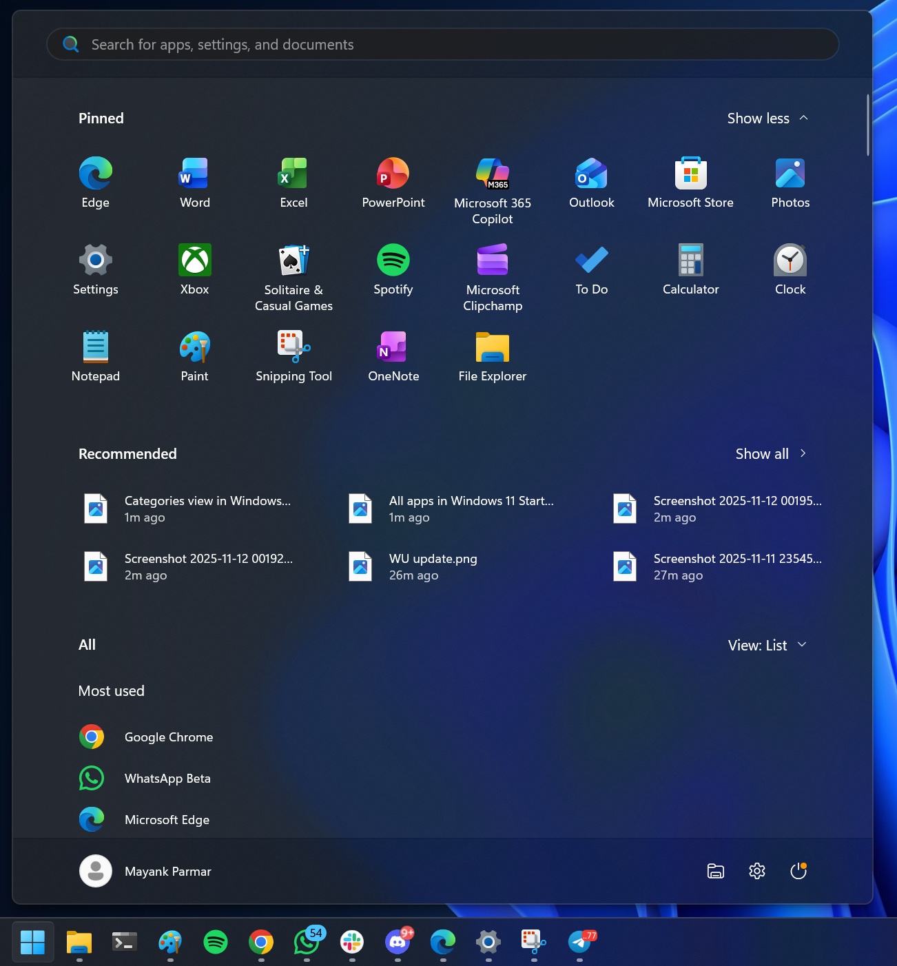 List of installed apps in Windows 11 Start menu