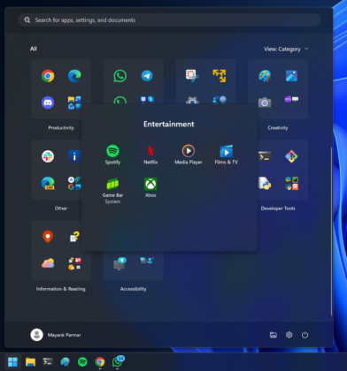 New Start menu categories UI