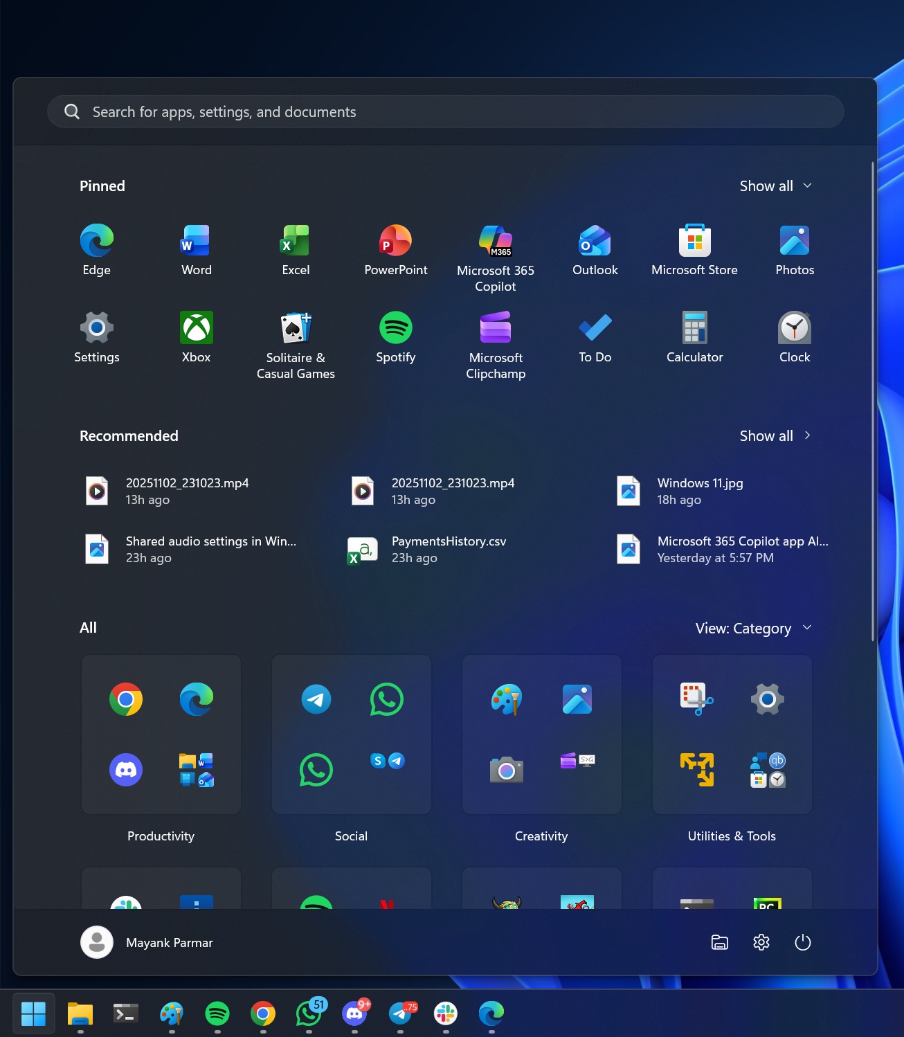 New Start menu in Windows 11