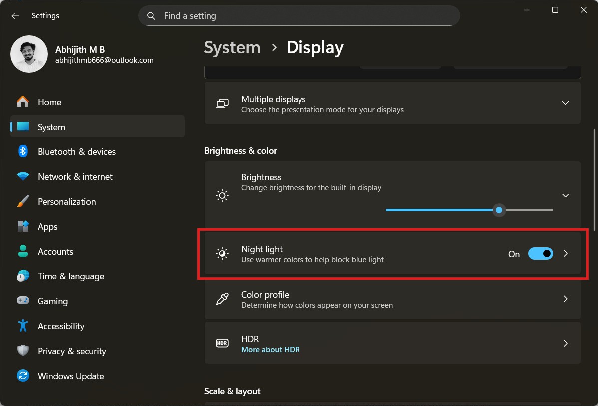 Night light settings in Windows 11 Settings page