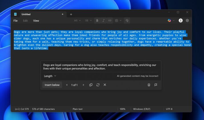 Notepad generating AI content
