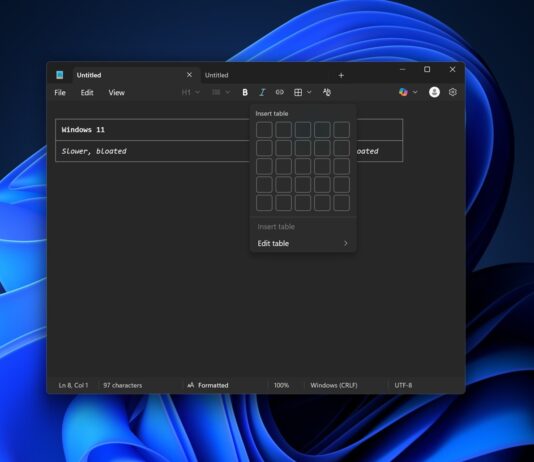 Notepad with table support on Windows 11