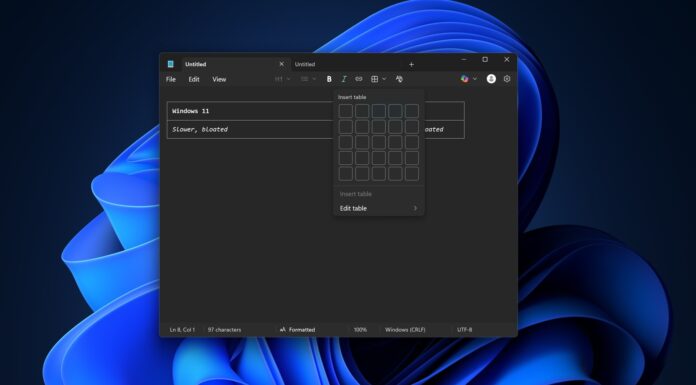 Notepad with table support on Windows 11