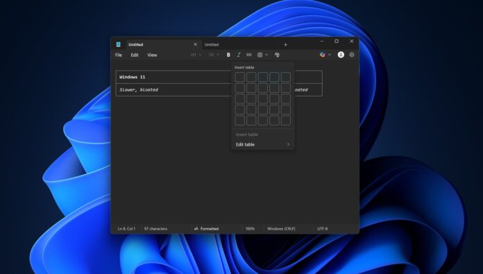 Notepad with table support on Windows 11