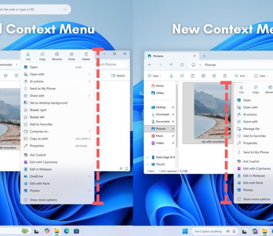 Old context menu vs new context menu in Windows 11 File Explorer after the Preview Build 26220.7271 Update