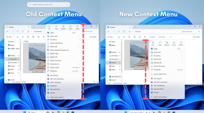 Old context menu vs new context menu in Windows 11 File Explorer after the Preview Build 26220.7271 Update