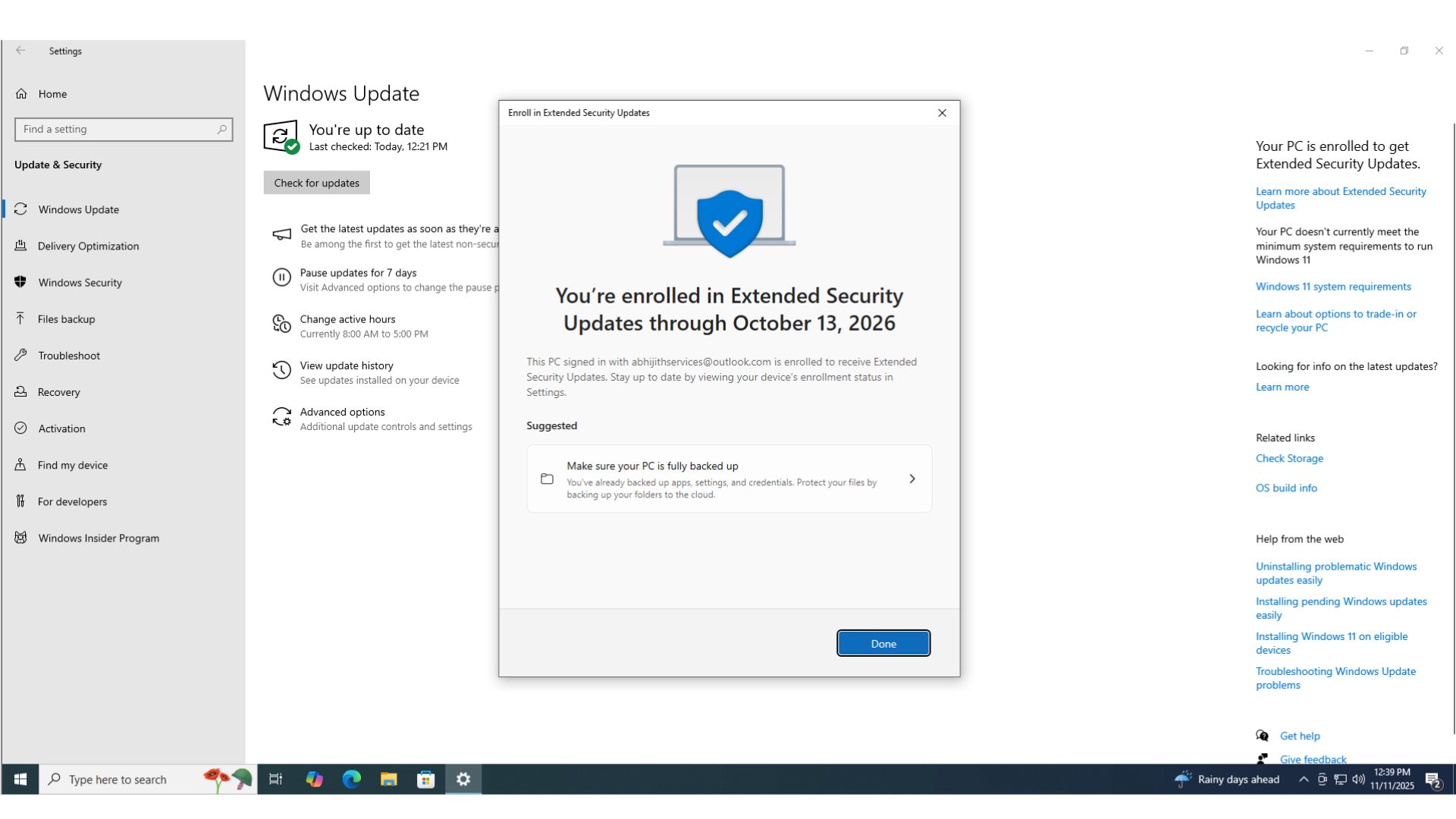 PC enrolled to Windows 10 ESU
