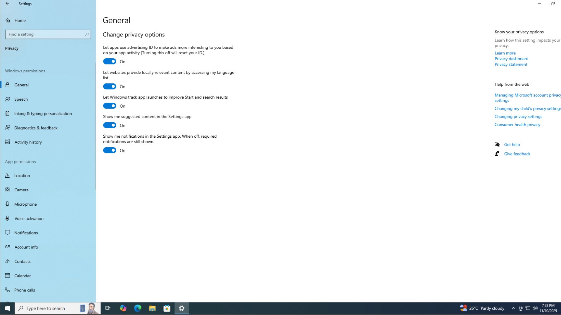 Privacy settings in Windows 10
