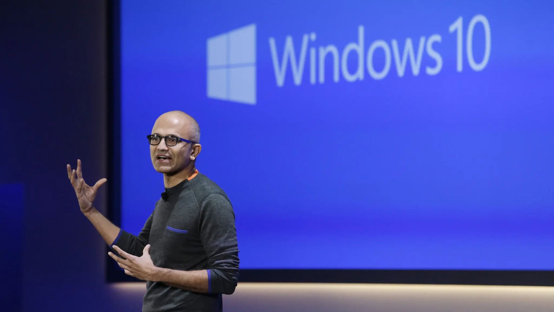 Satya Nadella explaining the features of Windows 10