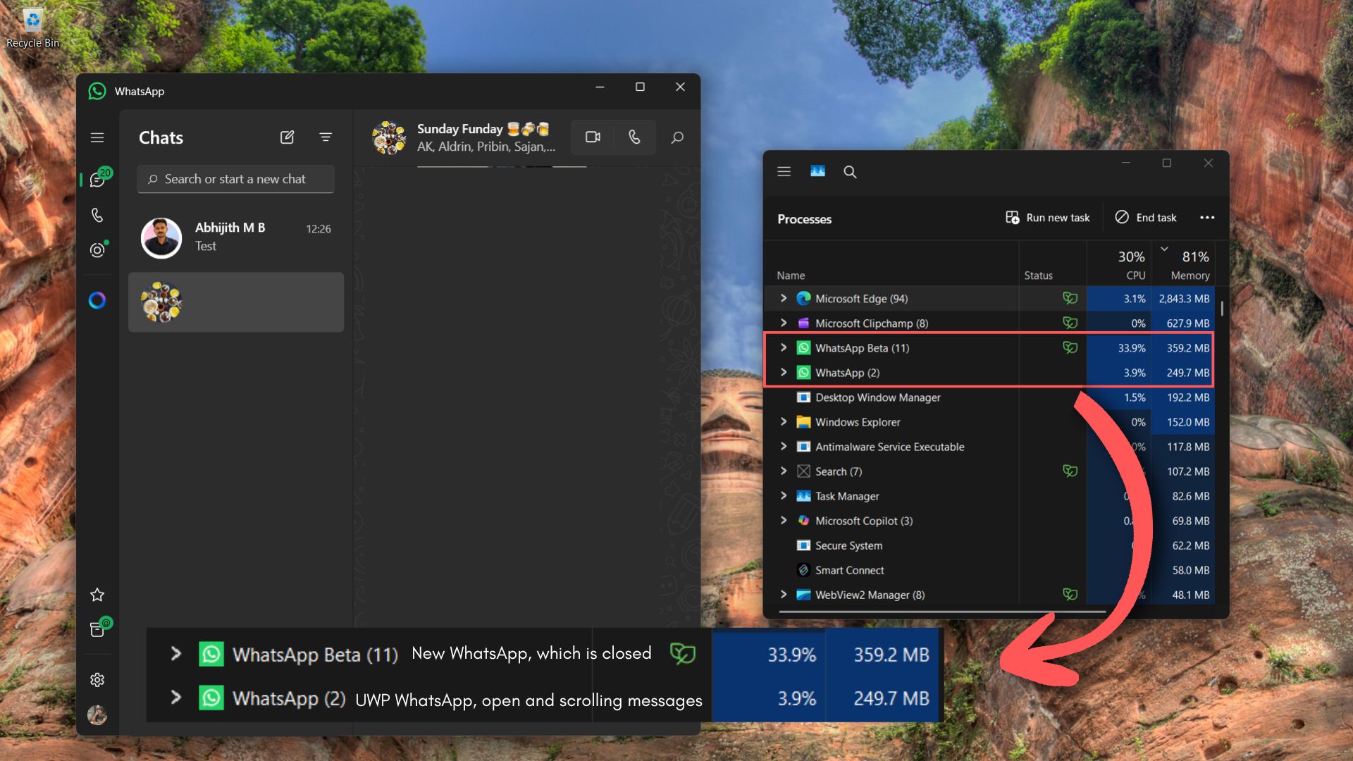 Scrolling messages in UWP WhatsApp uses around 250MB RAM only