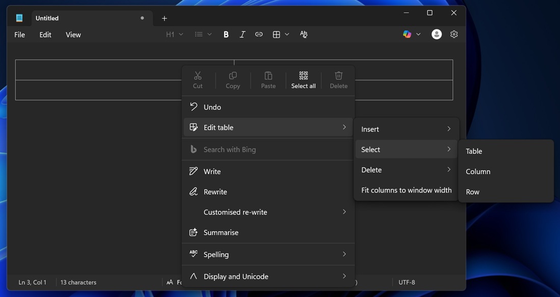 Select Table in Notepad for Windows 11